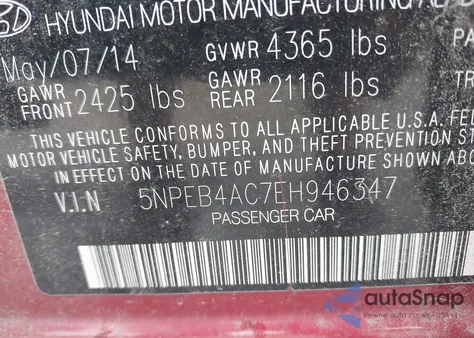 2014 Hyundai Sonata Gls z USA, uszkodzony, nr VIN 5NPEB4AC7EH946347